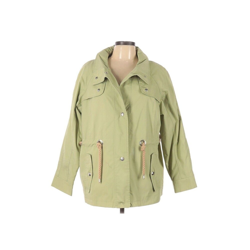 Mackintosh Rain Jacket Womens L Green Rope Belt Collared Pockets Button Down